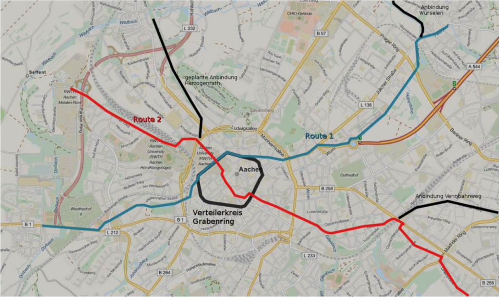 Karte der Radvorrangrouten vom VCD Aachen-Düren von 2016. Zwei Routen führen durch die Stadt.