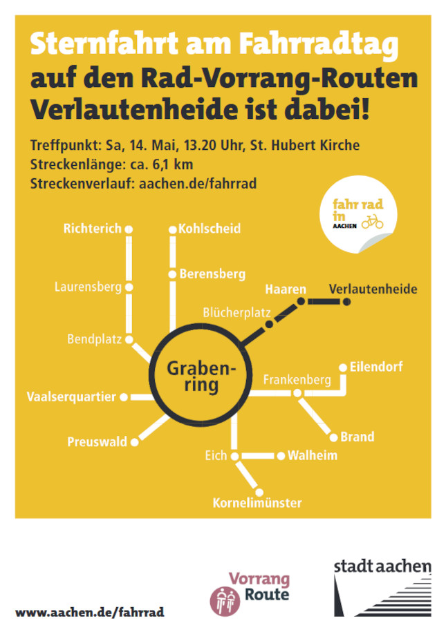 Schematische Darstellung der Sternfahrt-Routen zum Grabenring am Aachener Fahrradtag, Verlautenheide ist hervorgehoben.