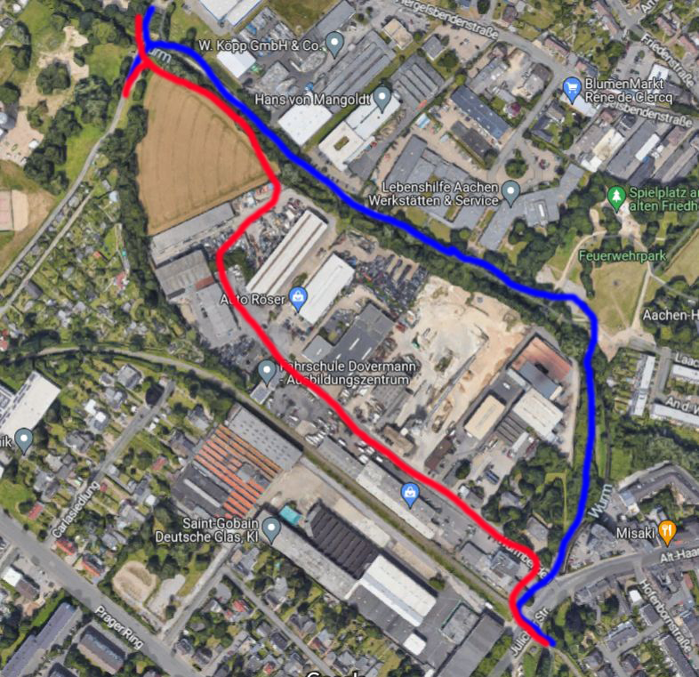 Satellitenbild der Gegend um Wurmbenden. Der Verlauf der RVR durch Wurmbenden ist rot eingezeichnet, ein weiterer Verlauf entlang der Wurm in blau.